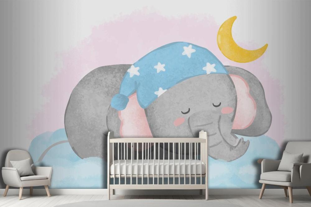 Lovely Elephant Sleeping On The Cloud In Painting Watercolor Wallpaper Mural