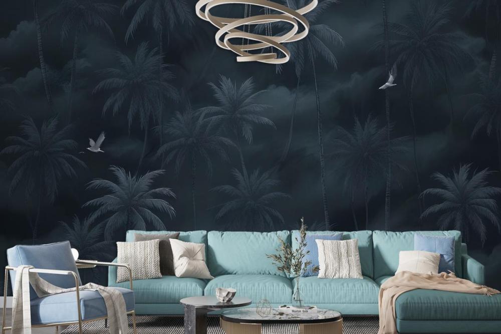 Moody Stormy Sky Dark Tropical Palm Trees Silhouettes Birds Wallpaper Mural