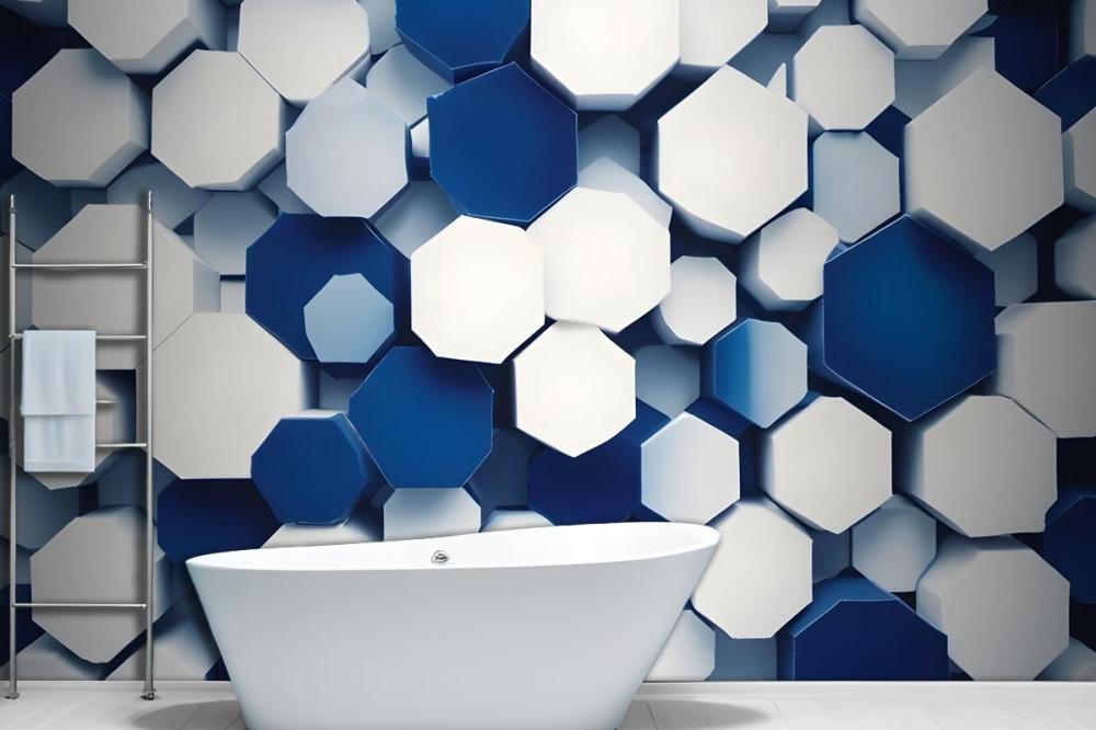 Overlapping Hexagon In Shades Of Blue And White Wallpaper Mural
