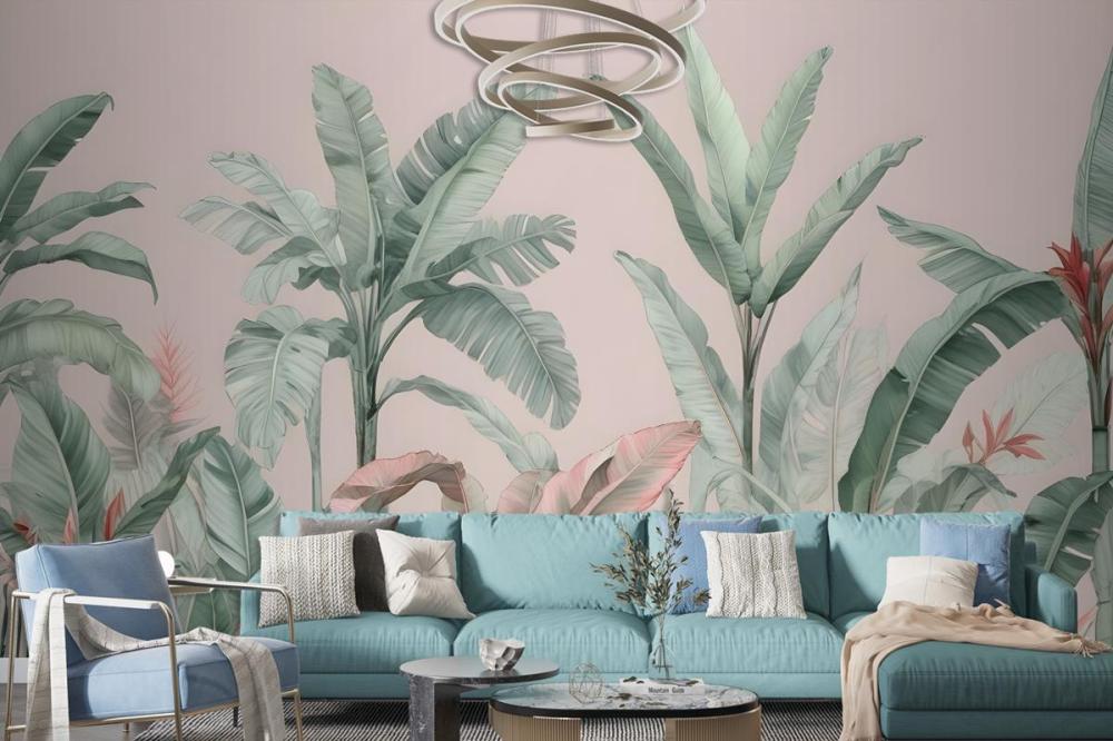 Pastel Pink & Green Vintage Tropical Wallpaper Mural