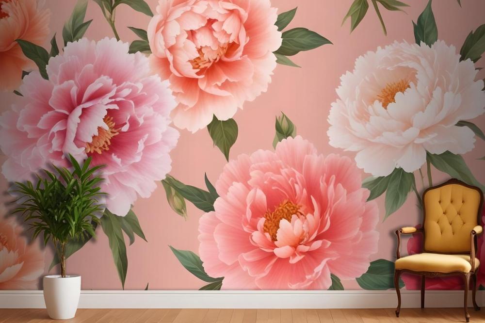 Pink And Peach Peonies With Green Leaves On A Light Pink Wallpaper Mural