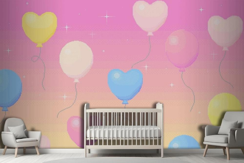 Pixel Art Background Of Balloons Flying In The Dreamy Sky Wallpaper Mural