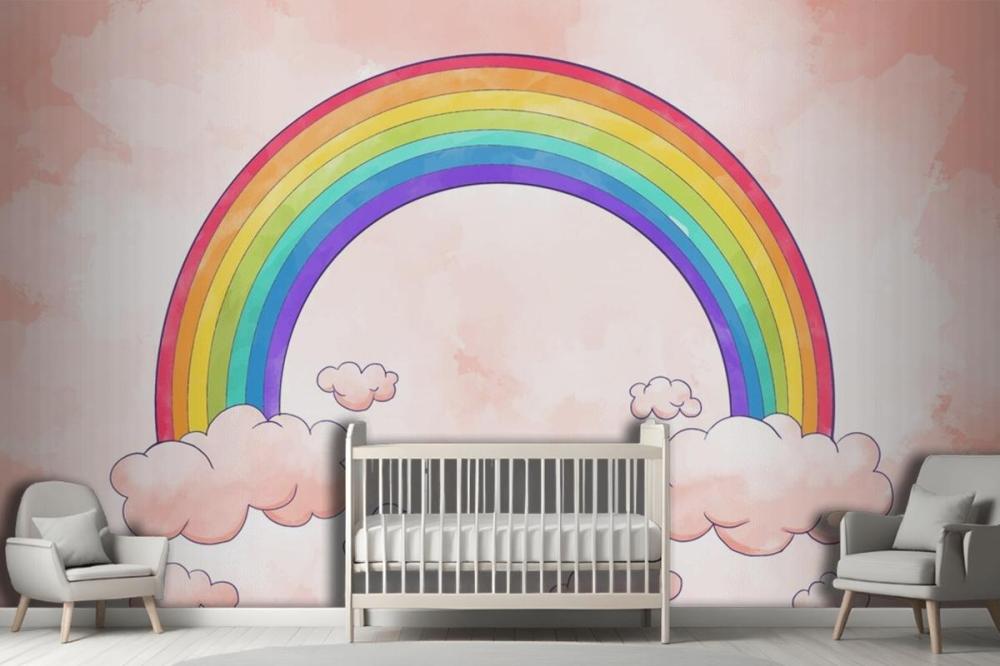 Rainbow With Clouds Watercolor Style Wallpaper Mural