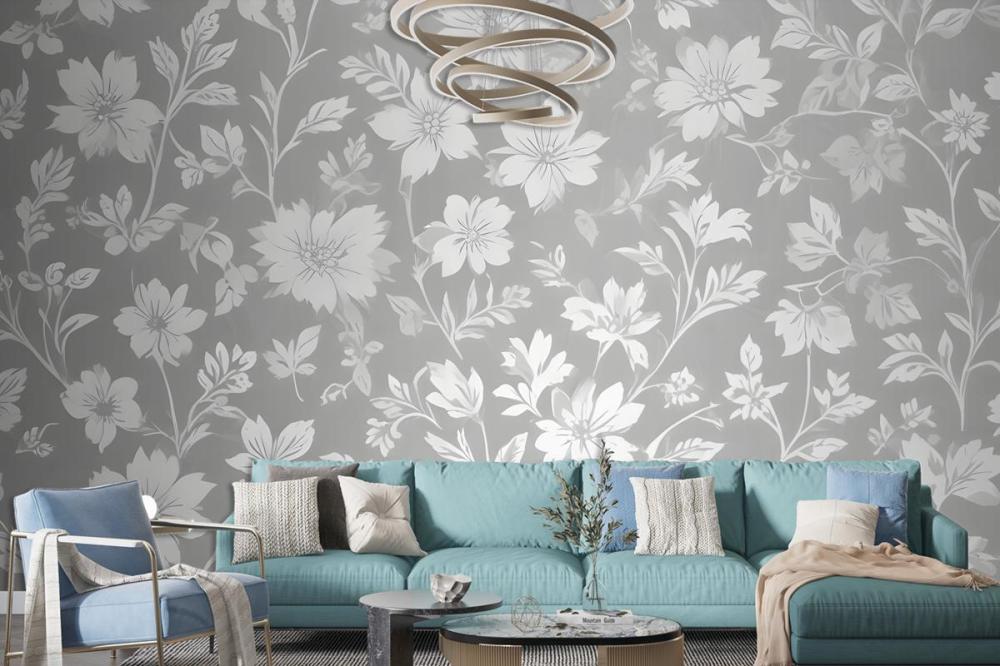 Seamless Pattern Of White Floral Silhouettes On A Light Gray Wallpaper Mural