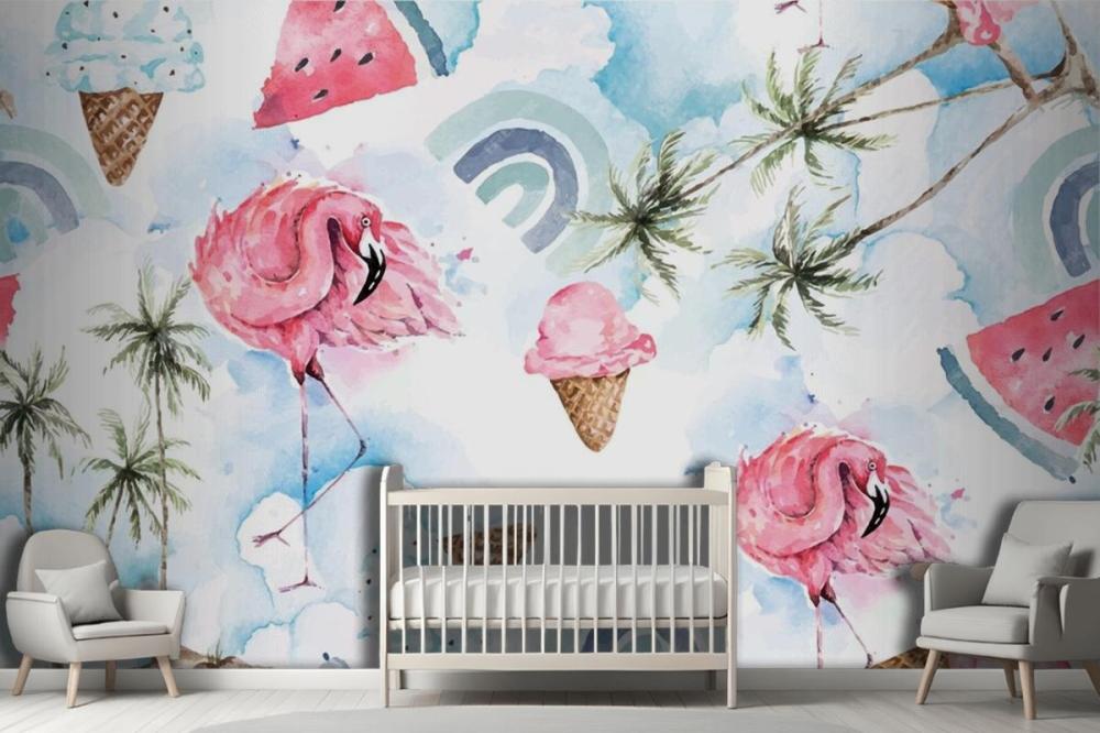 Seamless Pattern Palm Tree And Flamingo Wallpaper Mural