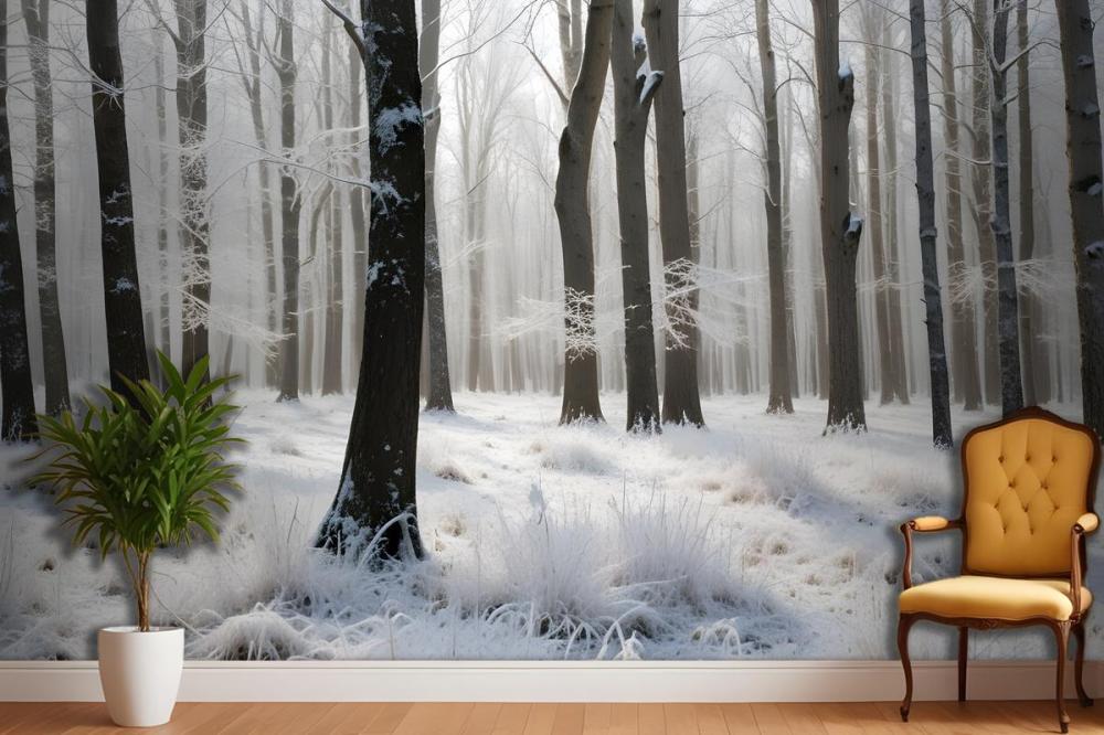 Snowy Forest With Tall Bare Trees And A Layer Of Frost Covering The Ground Wallpaper Mural