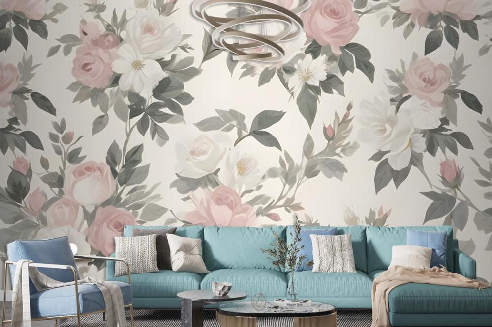 Soft Muted Floral Pattern Large Pink White Flowers Rose Green Leaves Wallpaper Mural