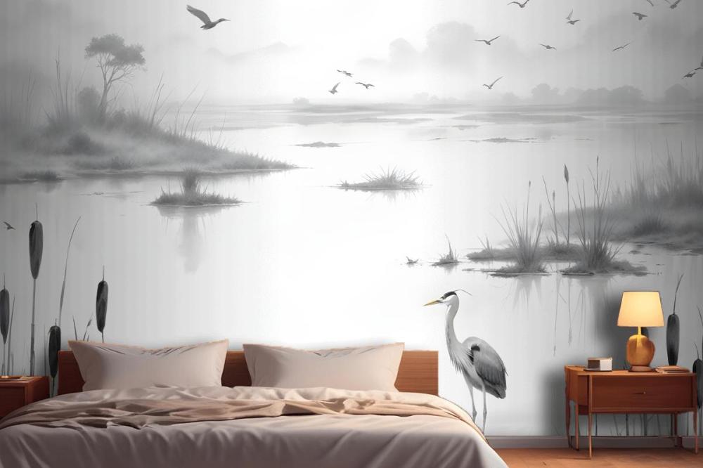 Traditional Chinese Black & White Ink Lake Wallpaper Mural