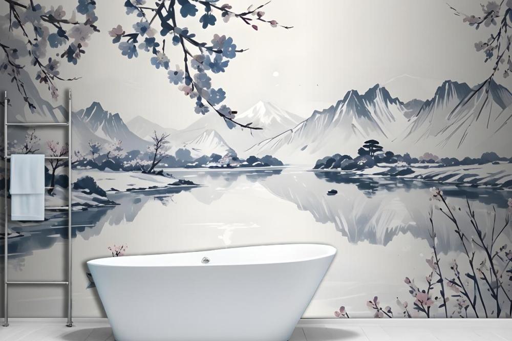 Traditional Chinese Willow & Mountain Ink Wallpaper Mural