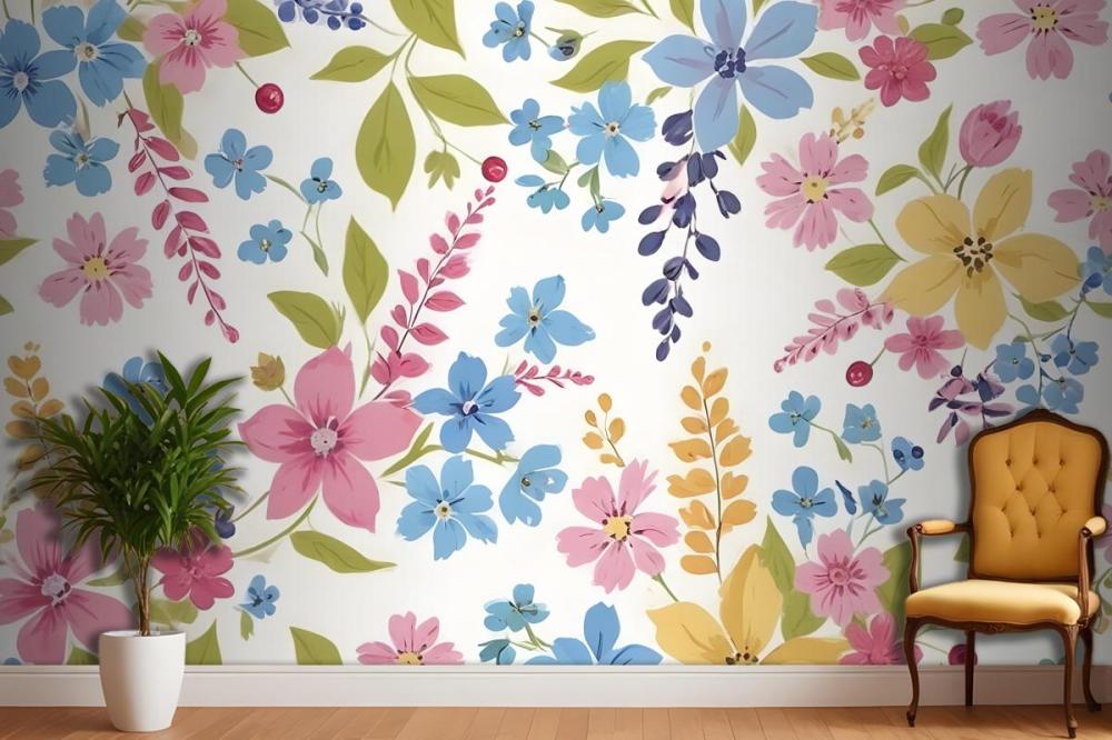 Various Flowers In Shades Of Pink Blue Yellow And Green Wallpaper Mural