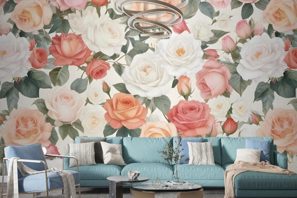 Vibrant Floral Pattern Featuring Various Types Of Pink, White, And Peach Roses Wallpaper Mural