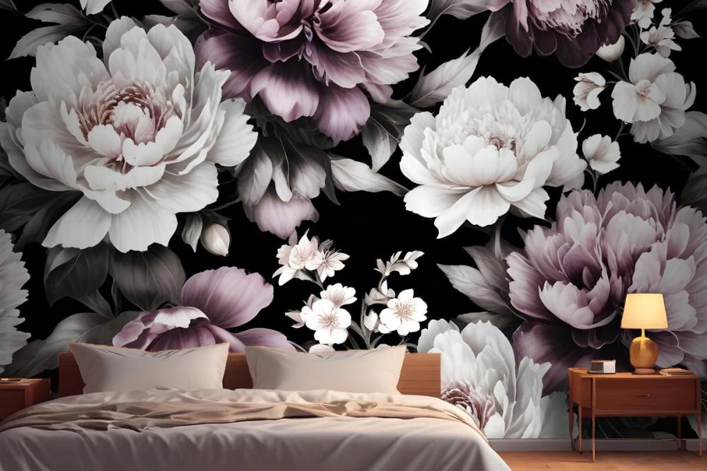 Vintage Dark Large Peony Flower  Bedroom Wallpaper Mural