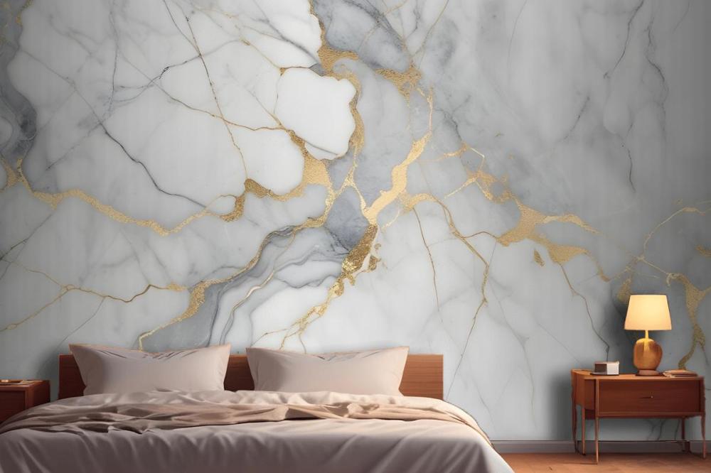 White And Gray Marble Texture With Golden Veins Wallpaper Mural
