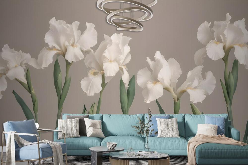 White Iris Flowers With Green Stems Against A Neutral Wallpaper Mural