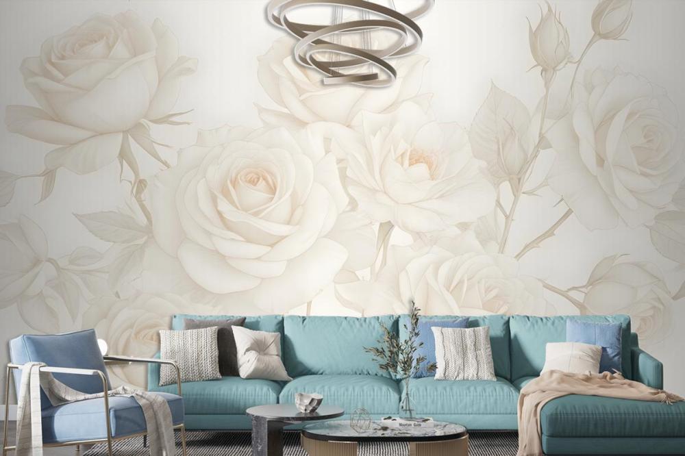 Yellow Large Illustrated Roses Wallpaper Mural