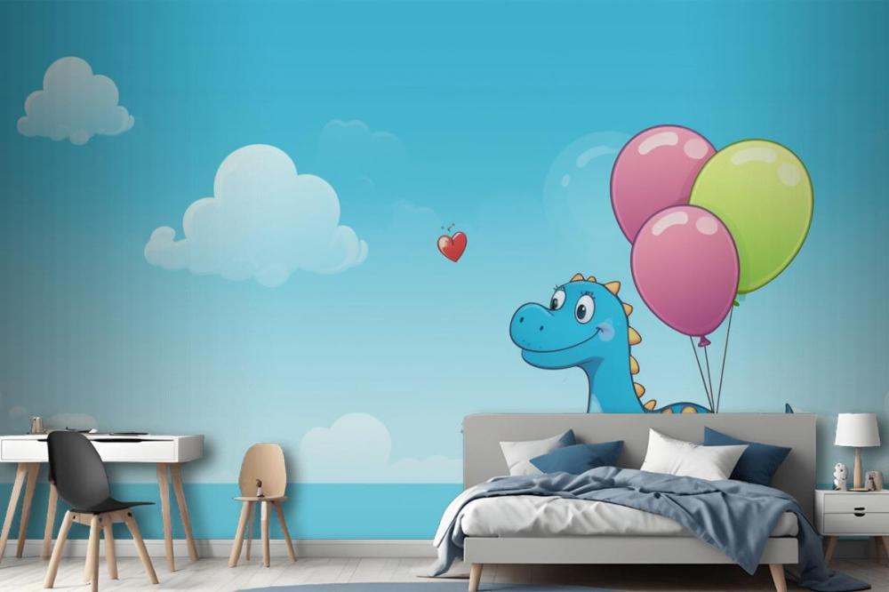 A Dragon With Balloons In The Sky And A Heart In The Wallpaper Mural