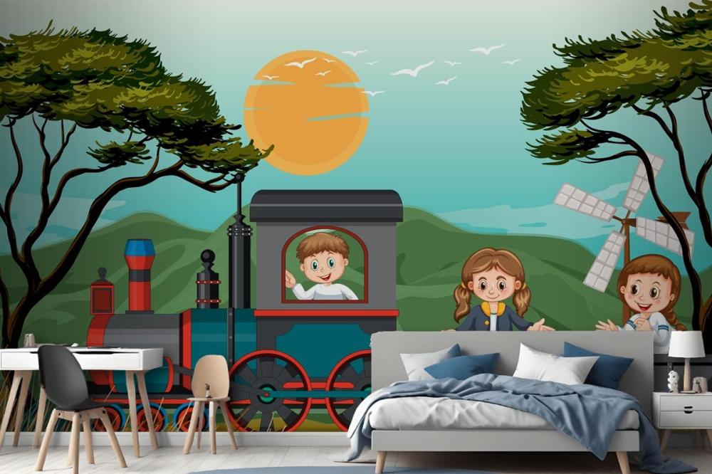 A Kids In A Train With Natural Scene Kids Wallpaper Mural