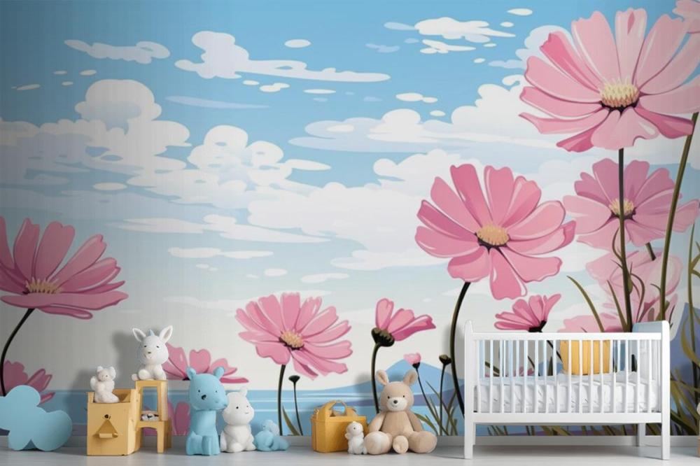 A Painting Of Pink Flowers In The Sky With The Words Daisies Wallpaper Mural