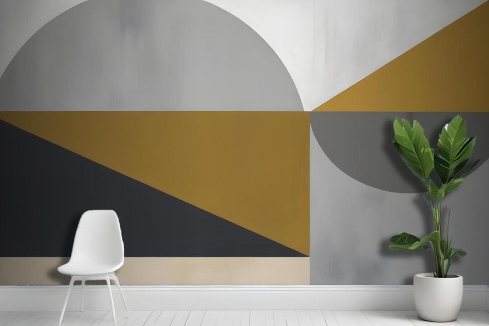 Abstract Geometric Shapes In Shades Of Gray Yellow And Black Wallpaper Mural