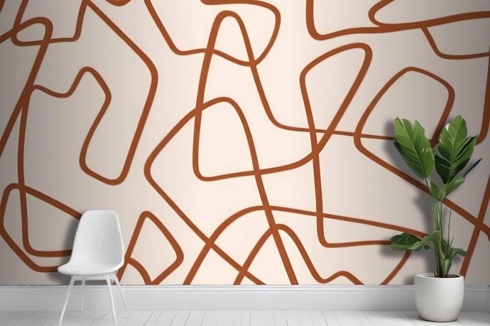 Abstract Pattern Of Organic, Curving Lines In A Warm Brown Color On A Light Wallpaper Mural