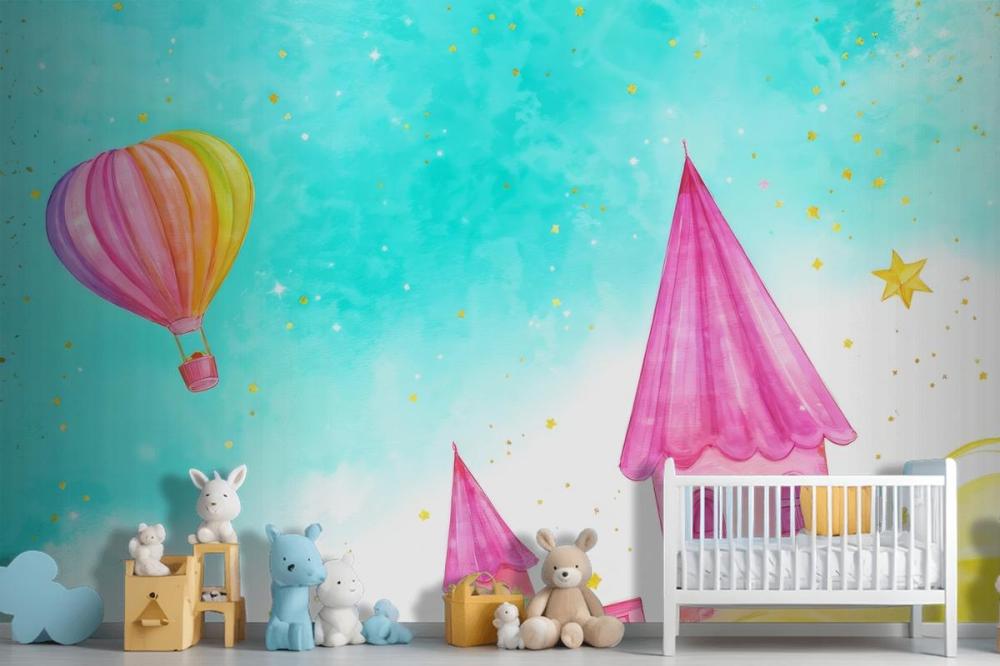 Balloon With A Flying Fairytale Watercolor Wallpaper Mural