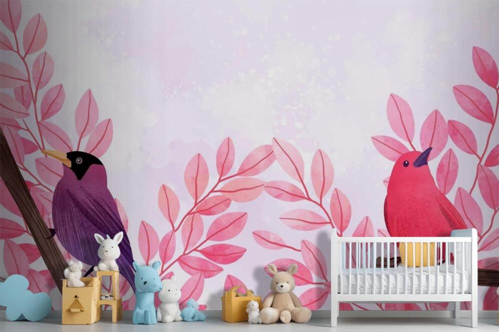 Beautiful Watercolor Of Birds Sitting On Branches Wallpaper Mural