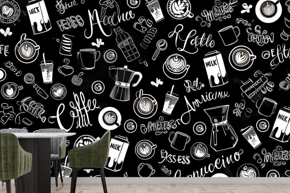 Black & White Coffee Cup Pattern Wallpaper Mural