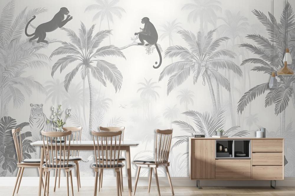 Black And White Jungle Palm Trees Flowers Animal Silhouettes Wallpaper Mural