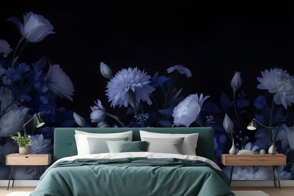 Blue Delft Dark Floral Art Painting Wallpaper Mural