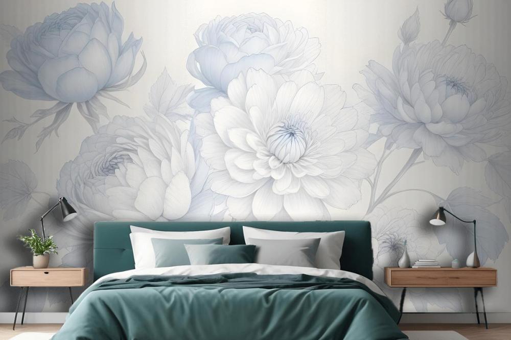 Blue Large Illustrated Roses Wallpaper Mural