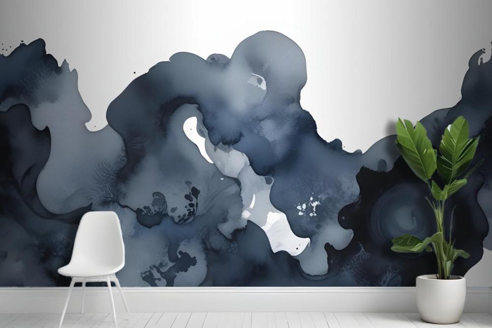 Blue Moody Abstract Watercolor Painting Wallpaper Mural