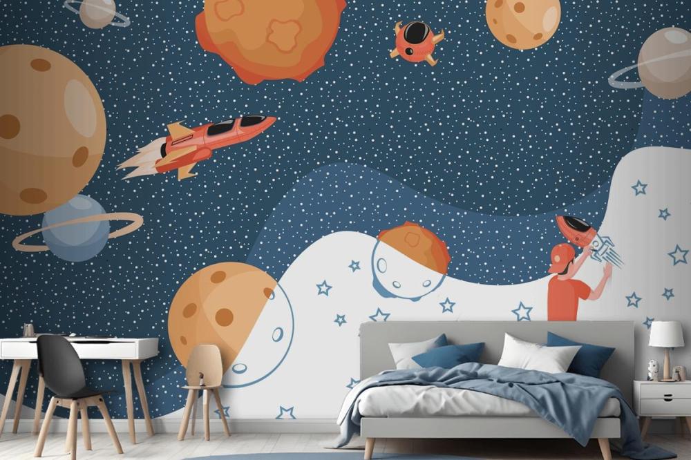 Boy Drawing Cosmos Planets Spaceships And Stars Wallpaper Mural