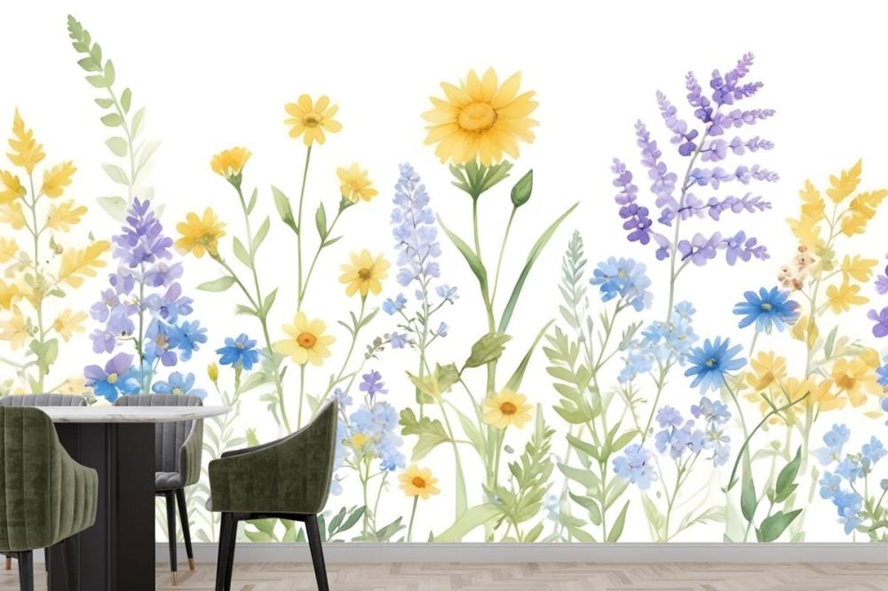 Bright Lilac & Green Watercolor Wildflower Wallpaper Mural