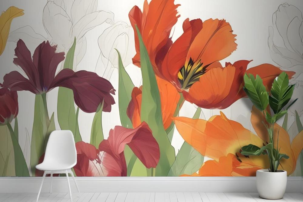 Closeup Orange And Red Tulips With Green Leaves Against A Light Wallpaper Mural