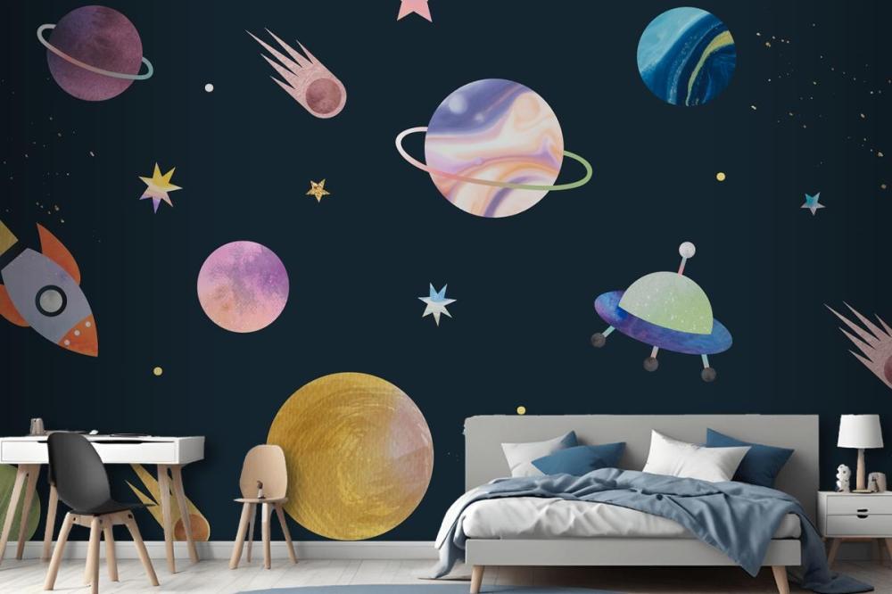 Colorful Galaxy Watercolor Doodle On Black Wallpaper Mural