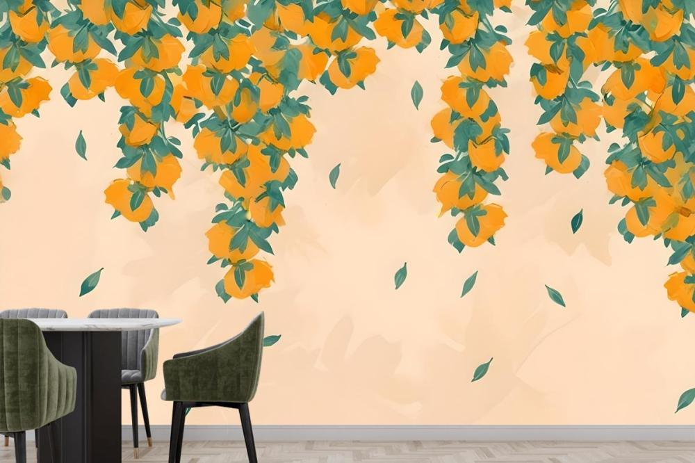 Cream & Orange Fruit Painterly Wallpaper Mural