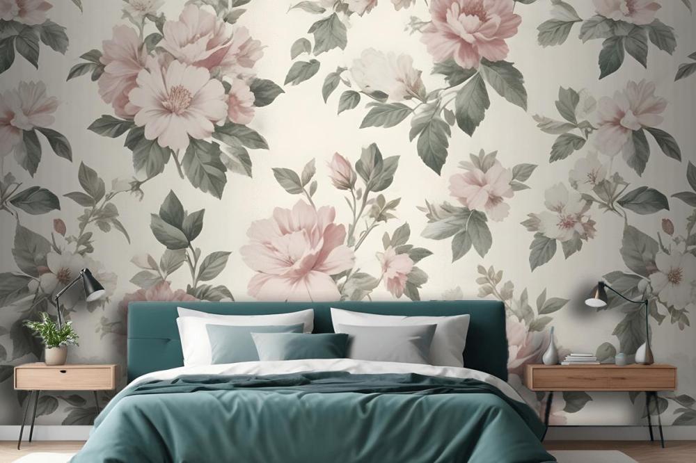 Cream & Pink Rose Vintage Floral Wallpaper Mural