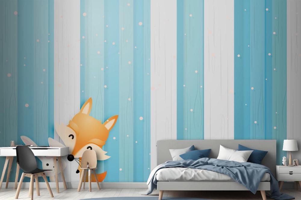 Cute Fox And Rabbit In The Wood With Paper Art Style Pastel Scheme Wallpaper Mural