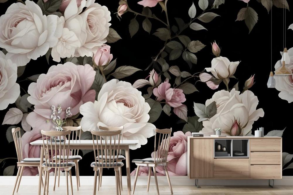 Dark Background Large Pink White Roses Green Leaves Wallpaper Mural