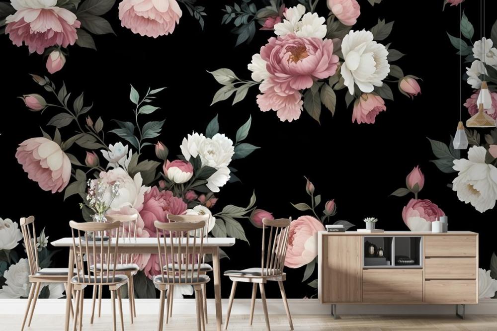 Dark Background Large Pink White Roses Peonies Other Flowers Wallpaper Mural
