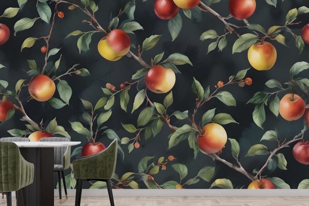 Dark Green And Navy Vintage Botanical Fruit Repeat Pattern Wallpaper