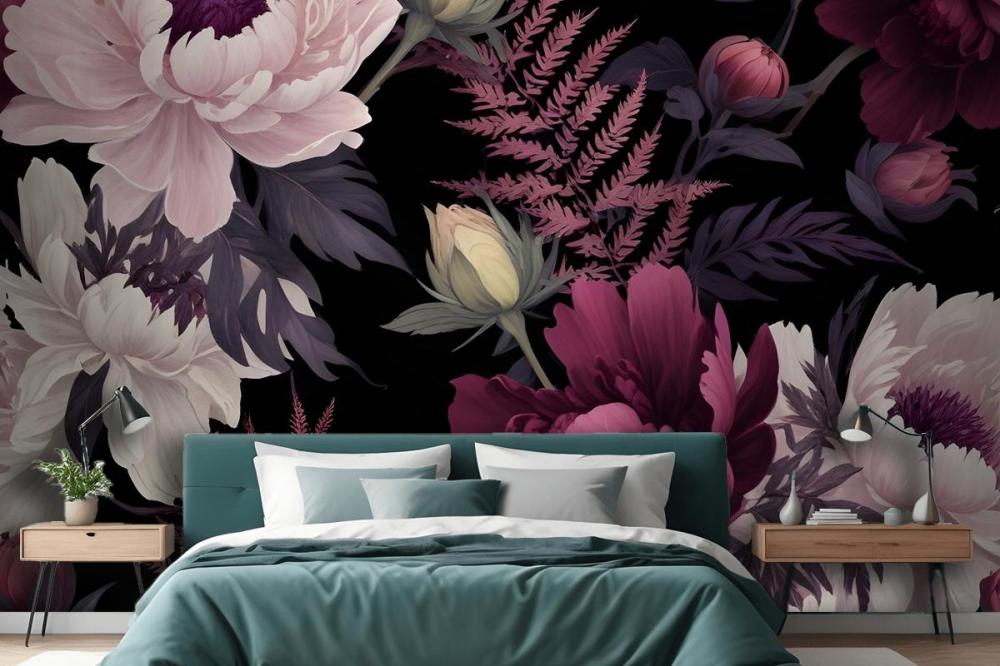 Dark Watercolor Colorful Peony Floral Wallpaper Mural