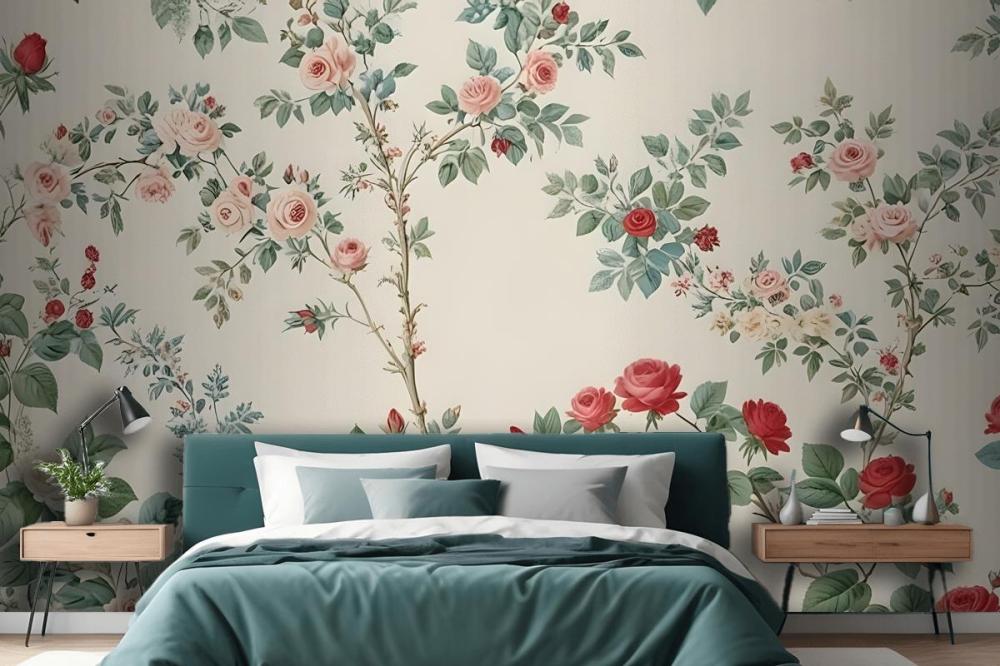 Detailed Floral Wallpaper Pattern Featuring Various Flowers And Plants Mural