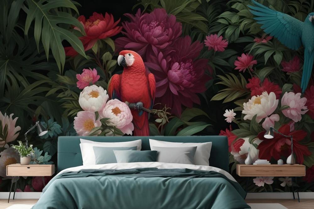 Digital Painting A Vibrant Tropical Floral Arrange Wallpaper Mural