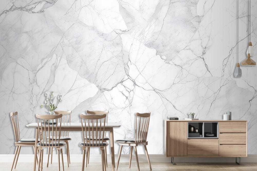 Elegant White Marble Texture With Intricate Gray Veining Wallpaper Mural