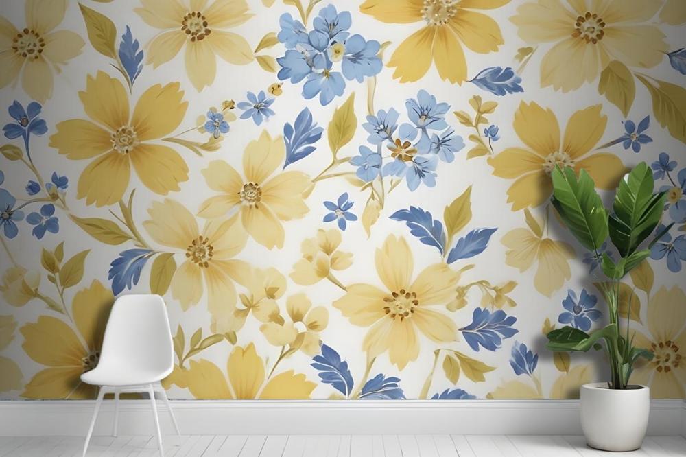 Floral Pattern With Large Yellow Flowers And Smaller Blue Flowers On A White Wallpaper Mural