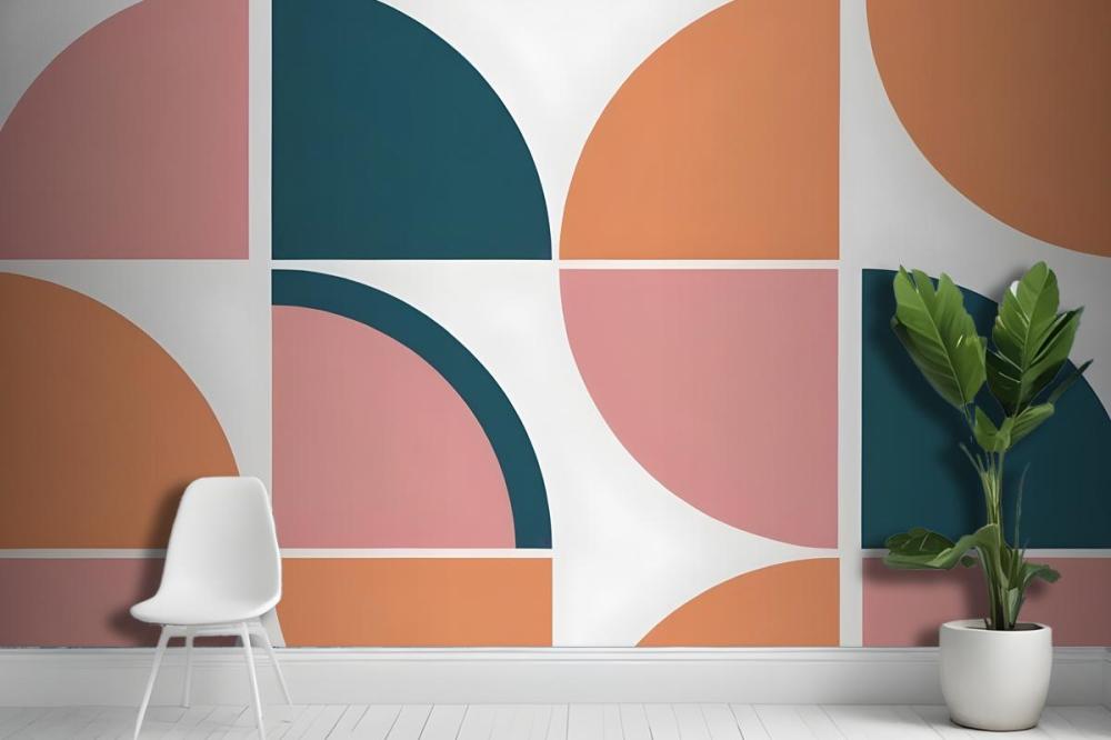 Geometric Abstract Pattern With Various Shapes And Colors Including Teal Peach And Pink Wallpaper Mural