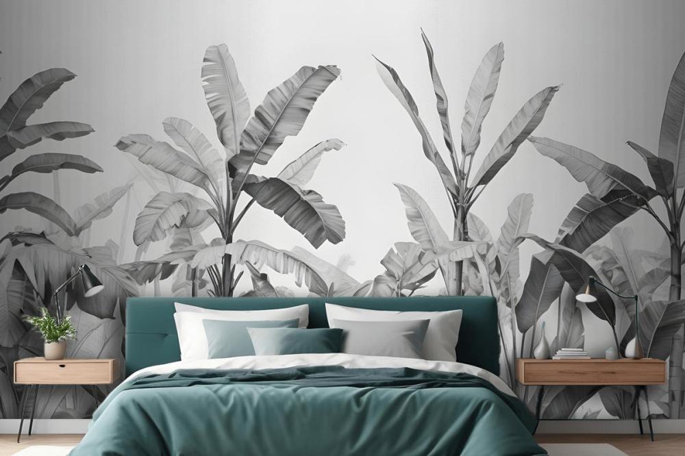 Grayscale Vintage Tropical Plants Wallpaper Mural