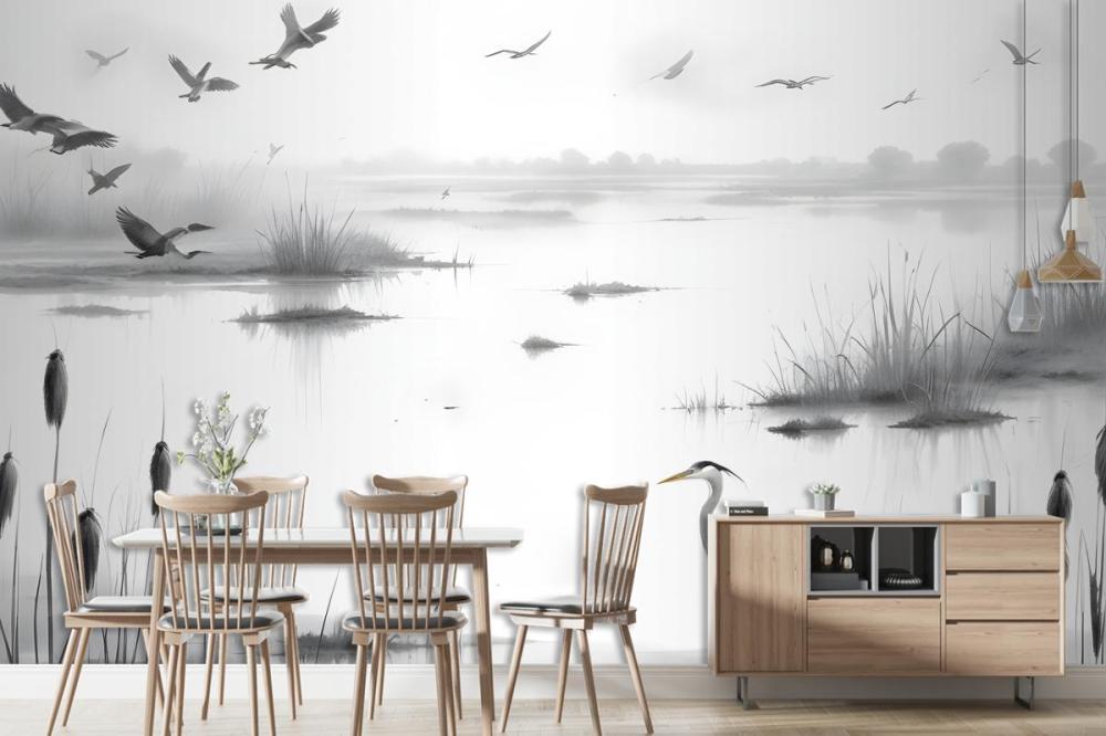Heron Sketch In Misty Wetlands With Flying Birds Wallpaper Mural