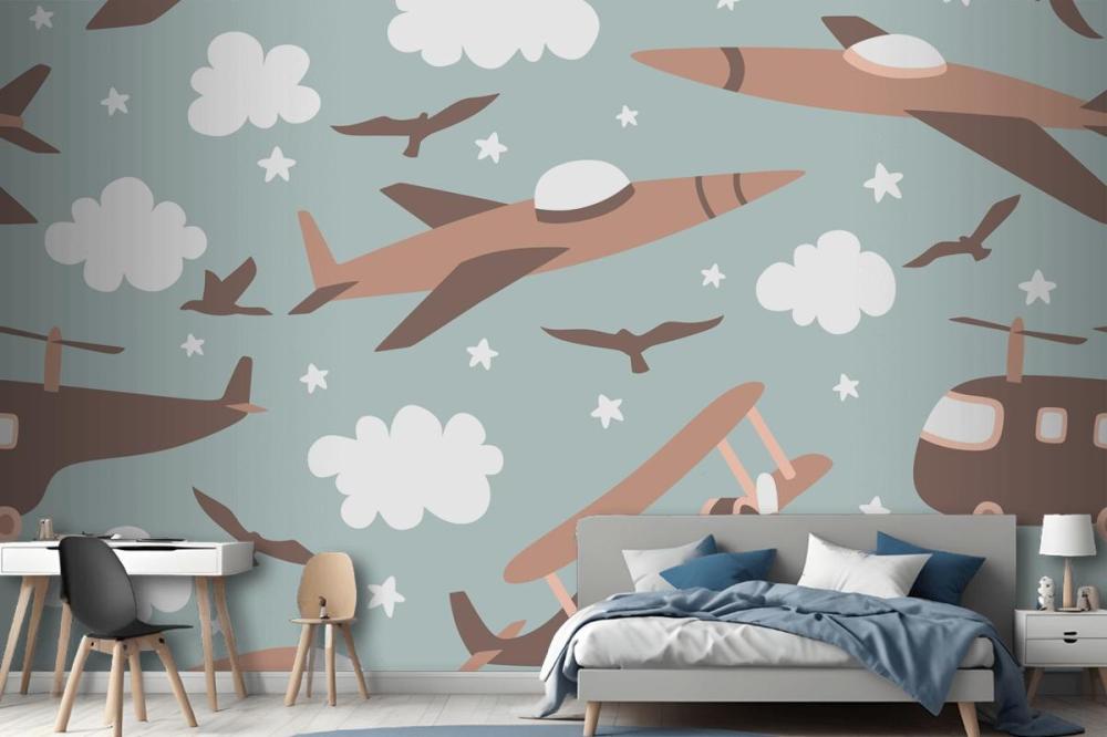 Hipster Doodles Colorful Seamless Pattern With Plane Drawing Boy Wallpaper Mural